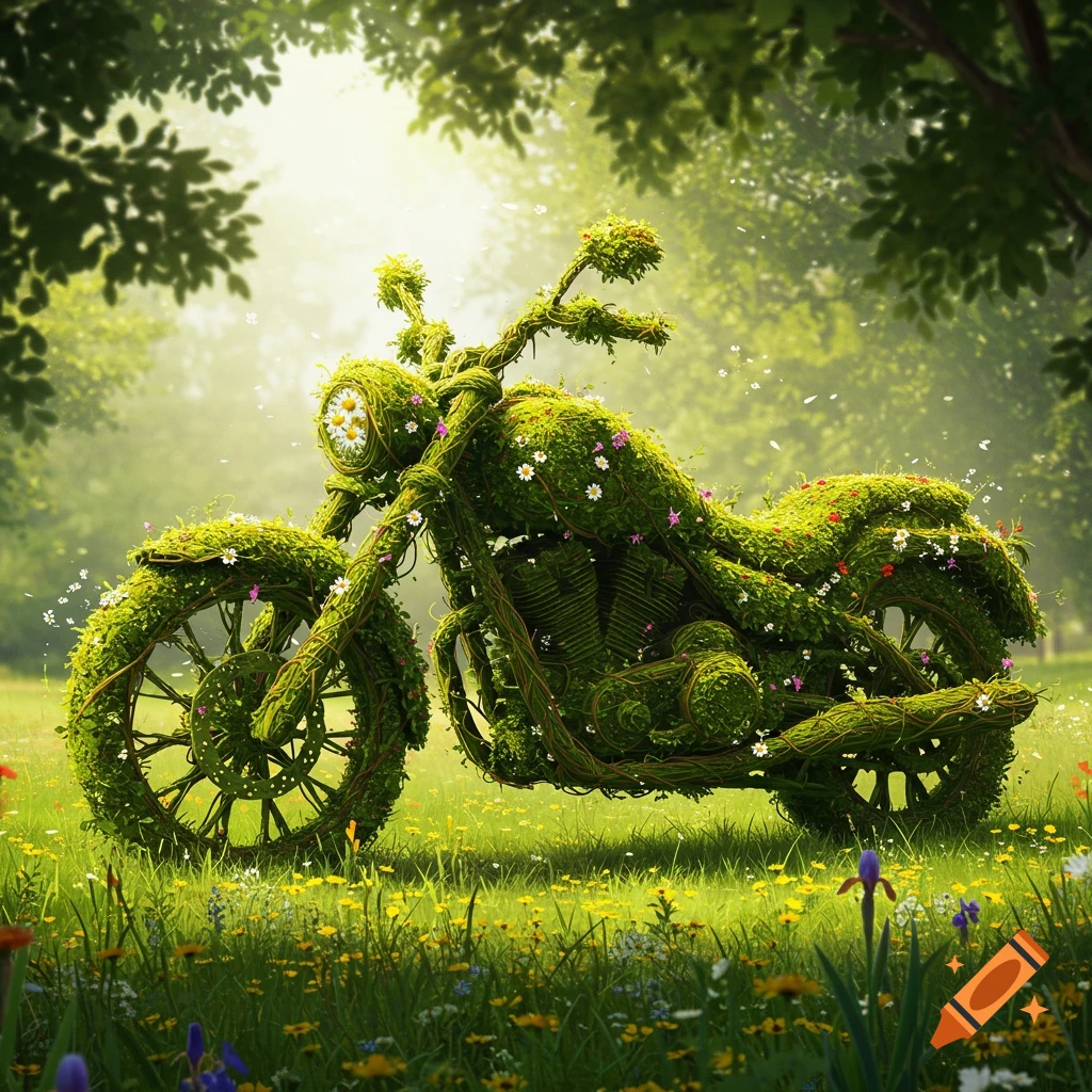 A motorcycle artfully crafted from green vines and small colorful flowers, sitting in a sunny grassy field with trees in the background.
