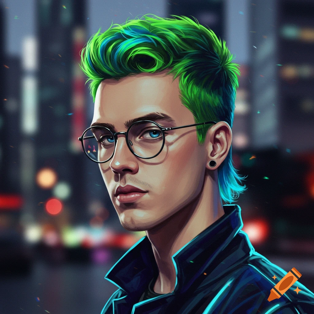 Digital art portrait of a young man with vibrant green and blue hair, round glasses, and a dark jacket, against a blurred urban night.