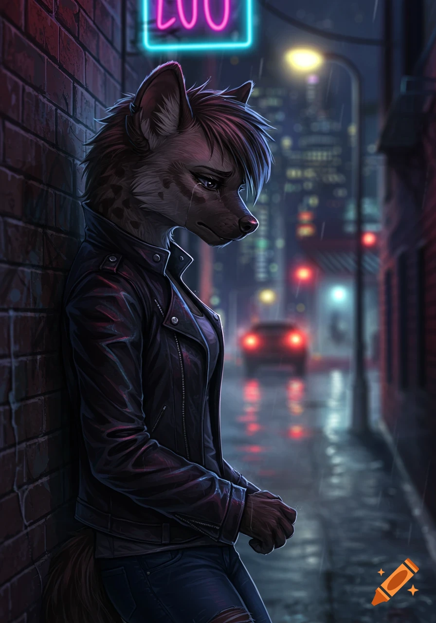 A sad anthropomorphic hyena with blue-streaked hair, wearing a black leather jacket, leans against a brick wall in a rainy city alley at night. Neon signs glow in the background.