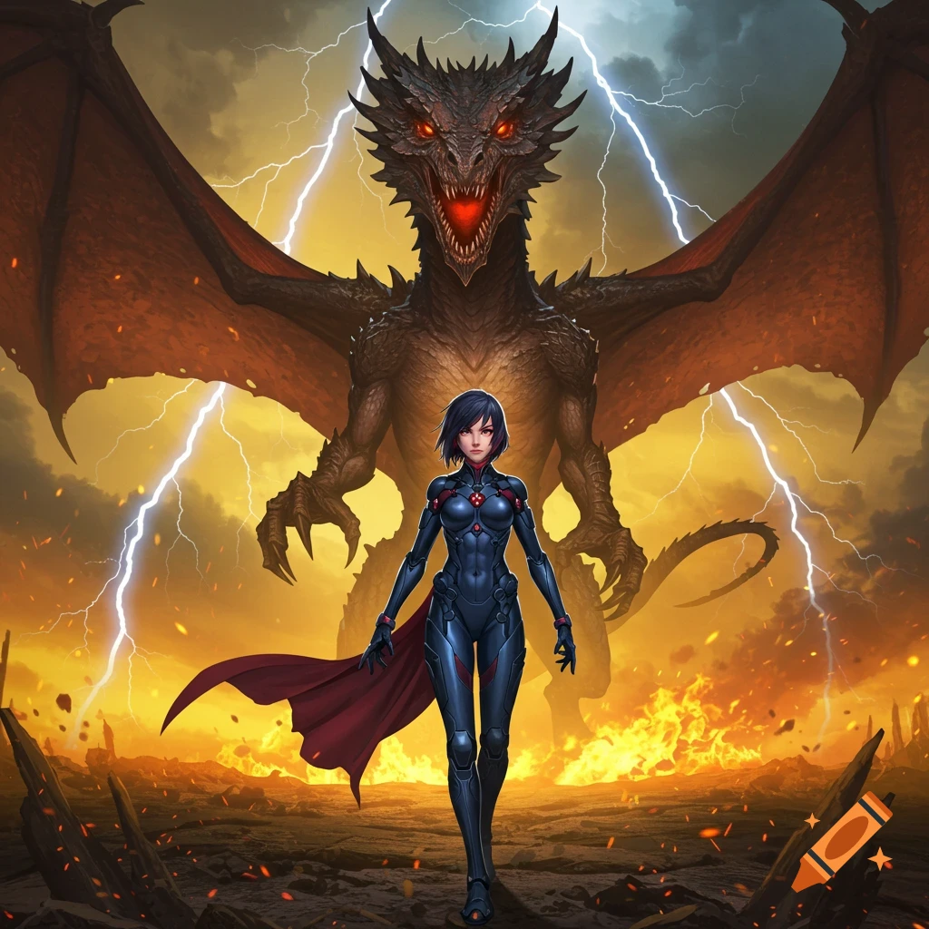 A determined anime girl in a futuristic suit with a red cape stands before a colossal dragon, against a stormy sky filled with lightning and fire.