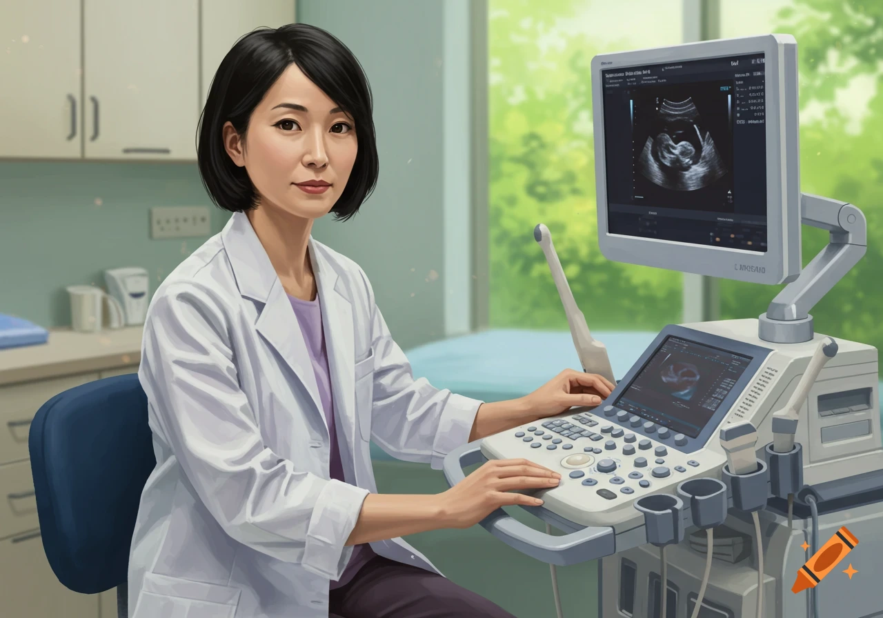 An Asian female sonographer in a white lab coat sits at an ultrasound machine with a fetal scan on the monitor, in an illustrative style.