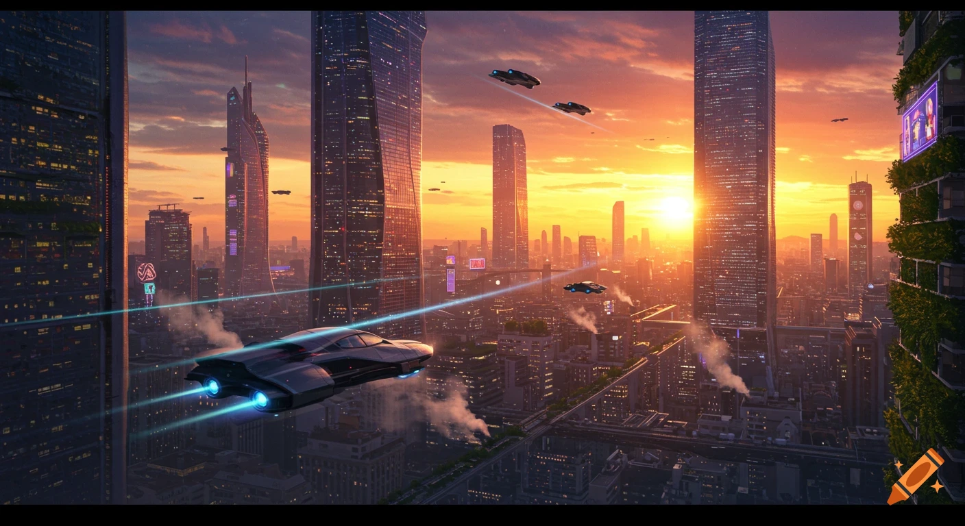 Photorealistic image of a futuristic city with flying cars soaring between skyscrapers at a vibrant orange sunset.
