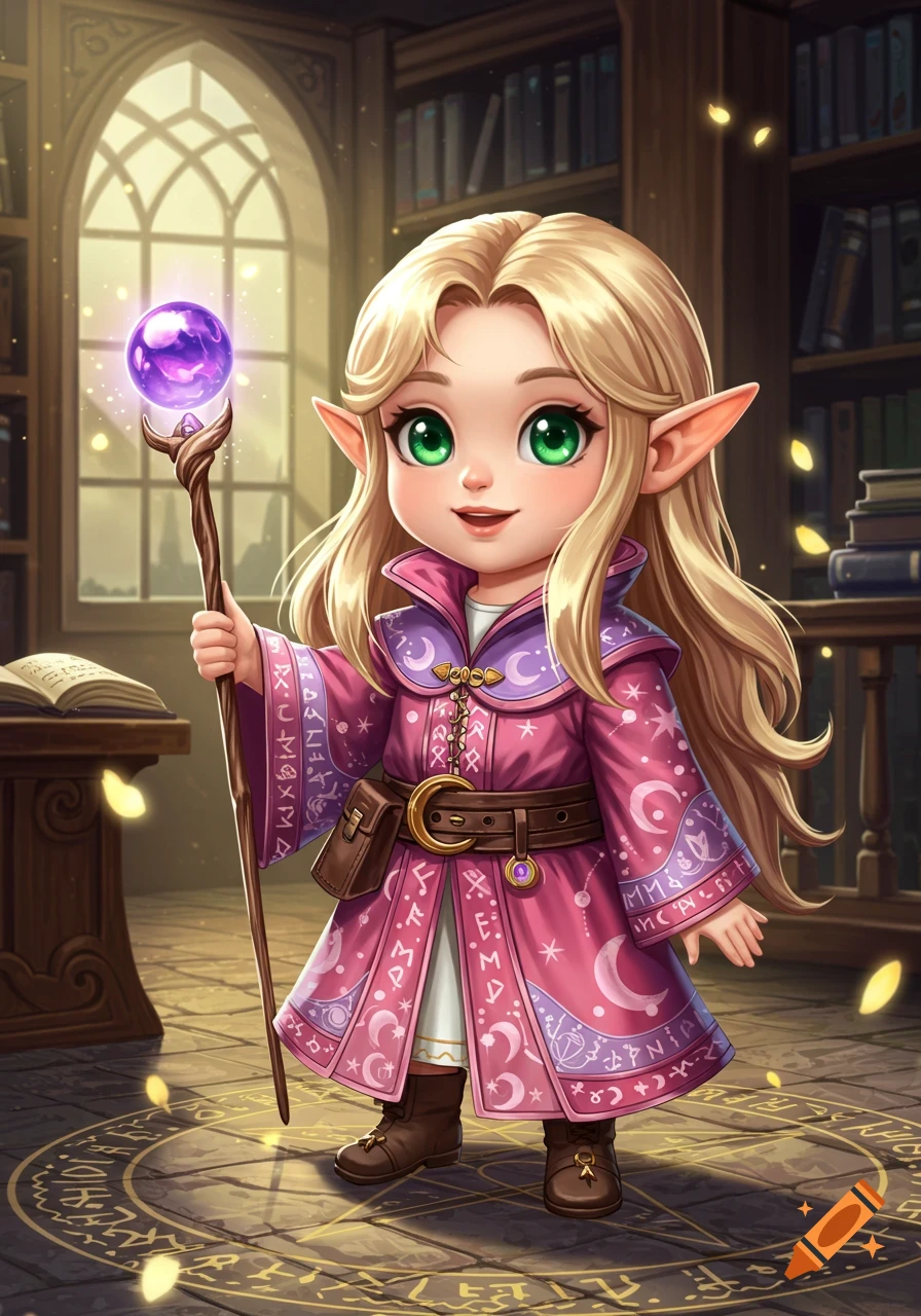 A cute blonde female elf-like wizard with green eyes, wearing a pink magical robe, holding a glowing staff in a library.