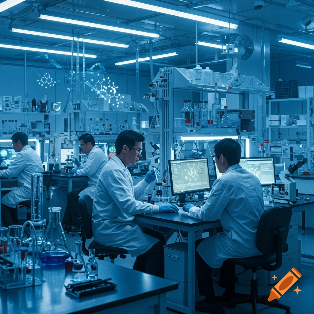 Scientists in a futuristic blue-lit lab, working on computers displaying molecular diagrams and using various lab equipment.