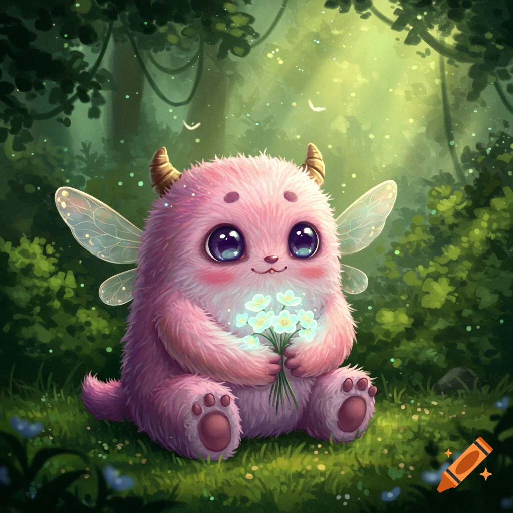 A cute fluffy pink monster with big eyes, small horns, and translucent fairy wings sits in a lush, magical forest, holding a bouquet of white flowers.
