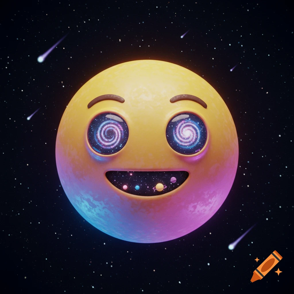 A whimsical 3D emoji with swirling galaxies in its eyes and a cosmos with tiny planets in its mouth, floating in starry space with meteors.