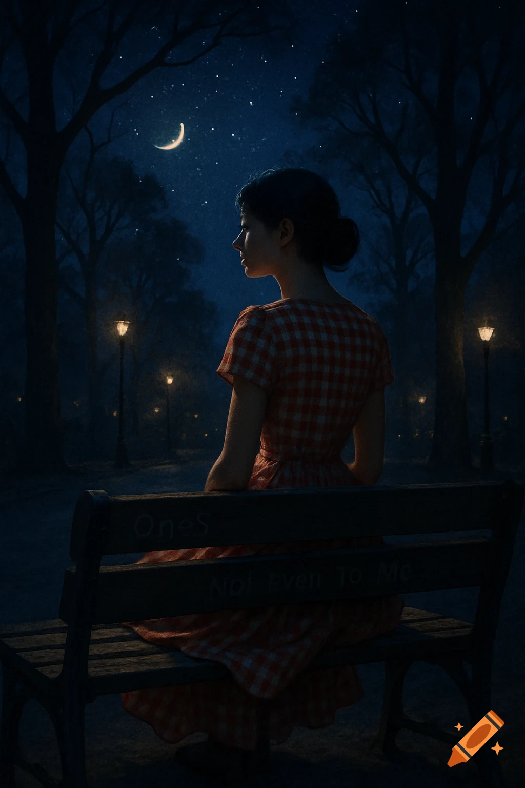 A woman in a red and white checkered dress sits on a park bench at night, looking up at a crescent moon and stars, with streetlights in the background. Text is etched on the bench.