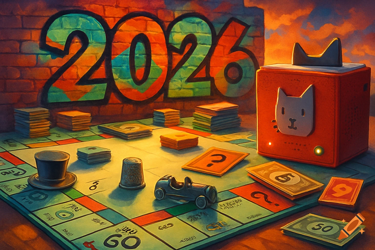 An artistic depiction of a Monopoly board game with tokens and money, a red Toniebox with a cat face, and '2026' graffiti on a brick wall in the background.