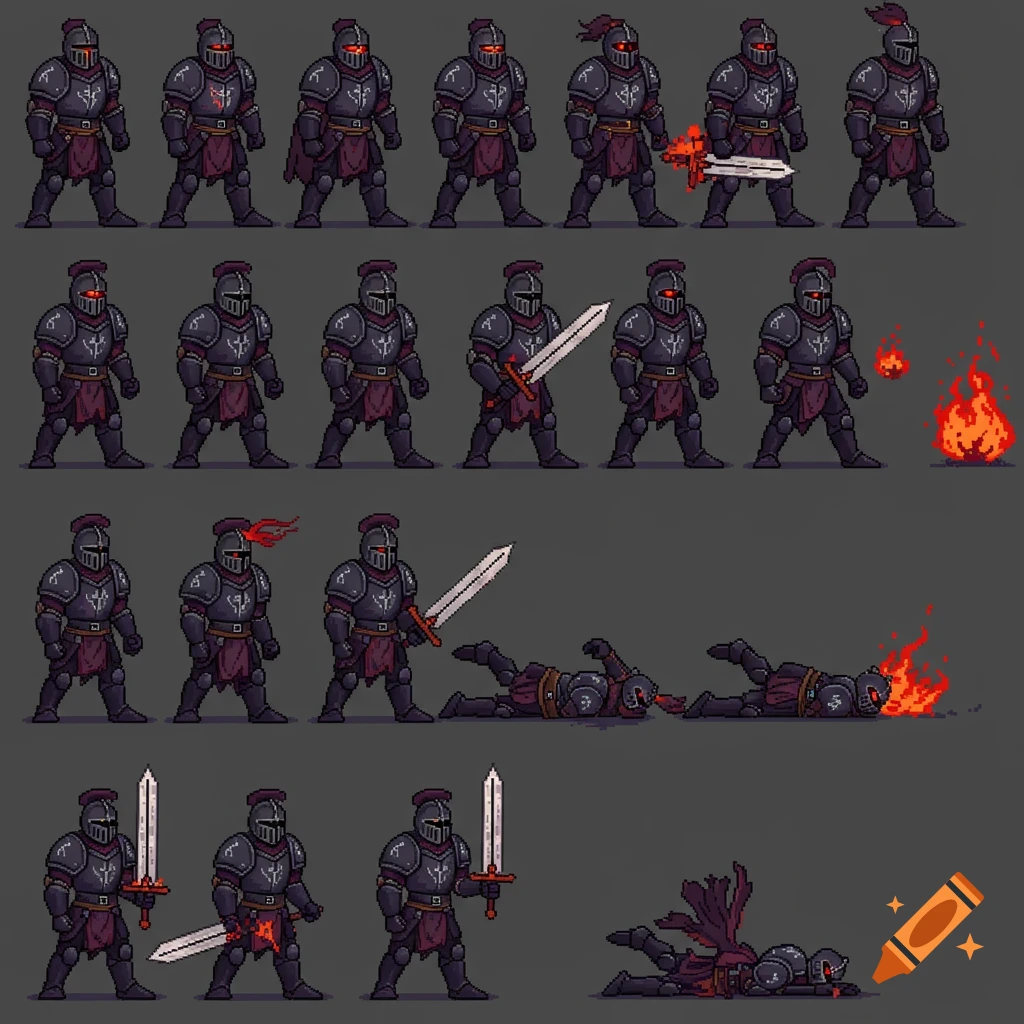 Pixel art sprite sheet of a dark knight in armor, showing poses for walking, attacking with a sword, and death.