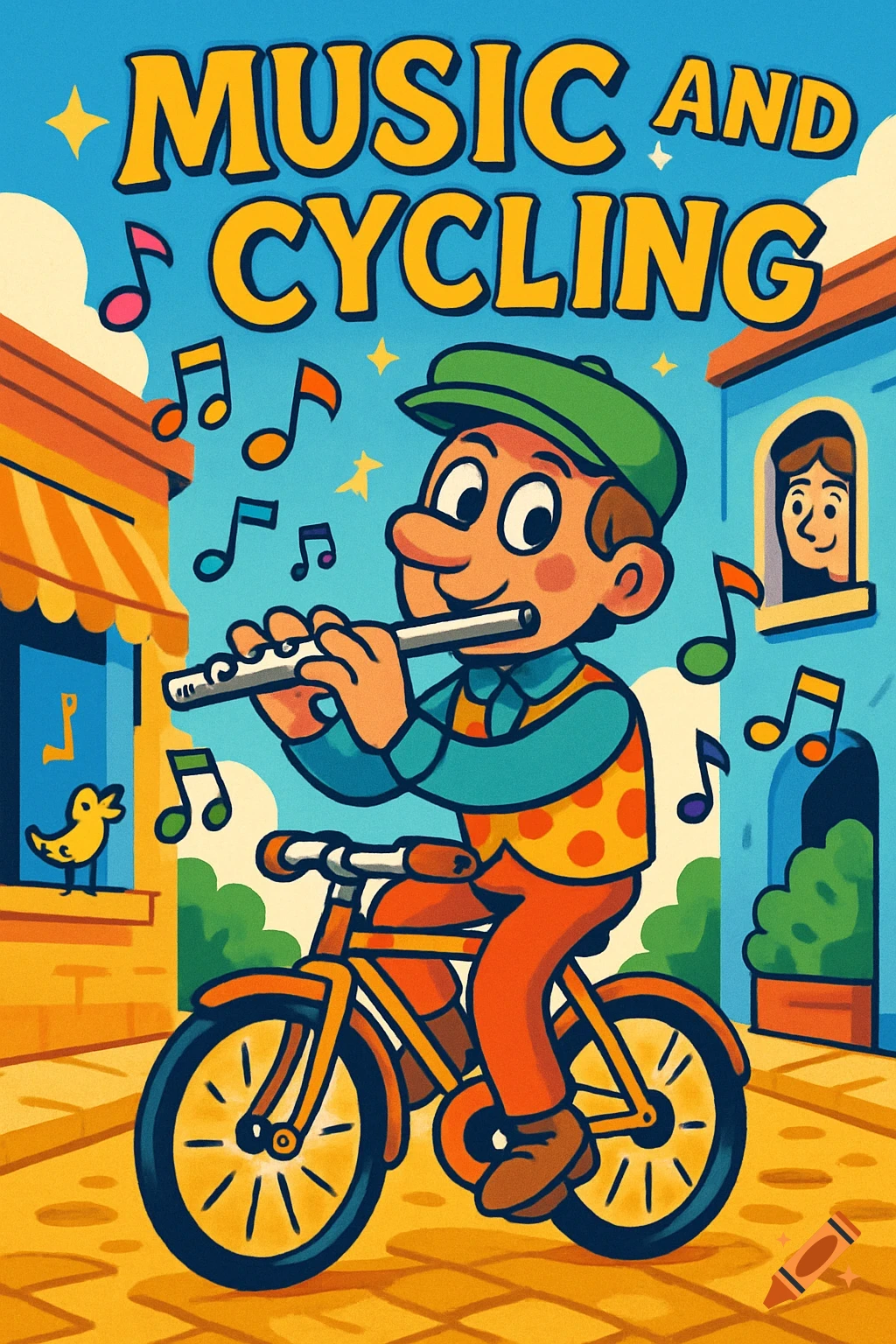 Colorful cartoon illustration of a character riding a bike and playing a flute, surrounded by music notes. Text: MUSIC AND CYCLING.