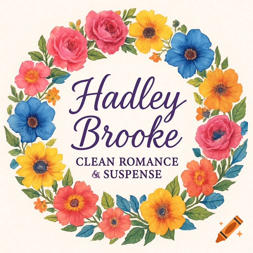 A watercolor floral wreath logo with pink, yellow, blue, and orange flowers. Text reads 'Hadley Brooke Clean Romance & Suspense'.