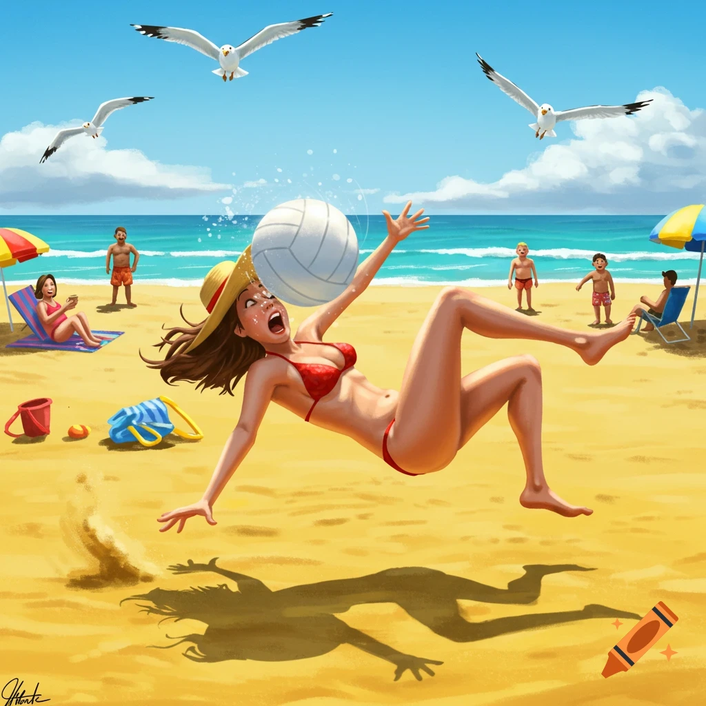 A cartoon illustration of a woman in a red bikini falling on a beach after being hit in the face by a volleyball, with seagulls overhead.