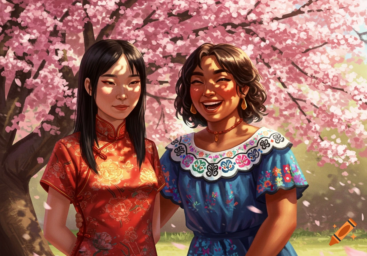 An Asian woman in a red cheongsam and a Latina woman in a blue embroidered top smile under pink cherry blossoms in a vibrant illustration.