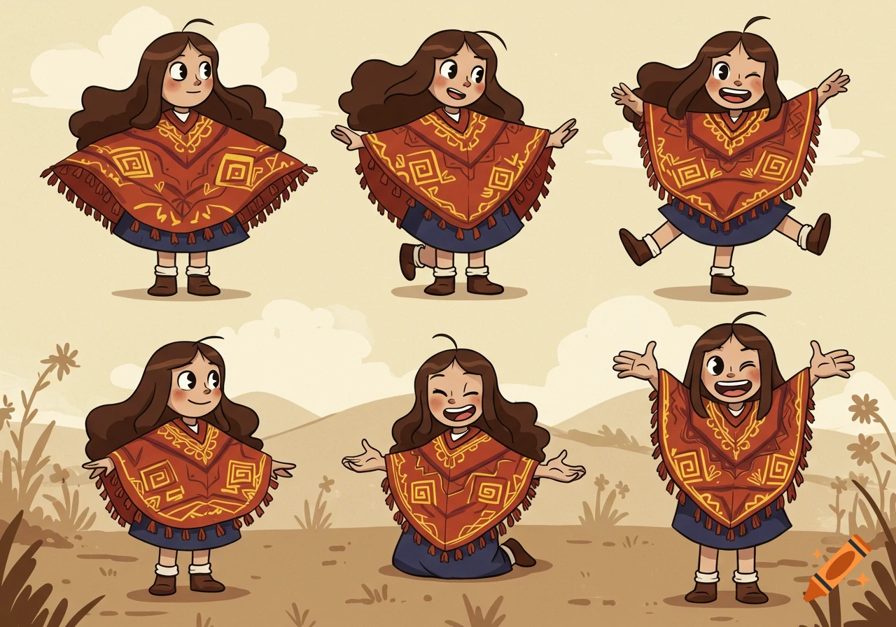 Six cartoon illustrations of a girl with long brown hair wearing a red patterned poncho, in various cute poses.