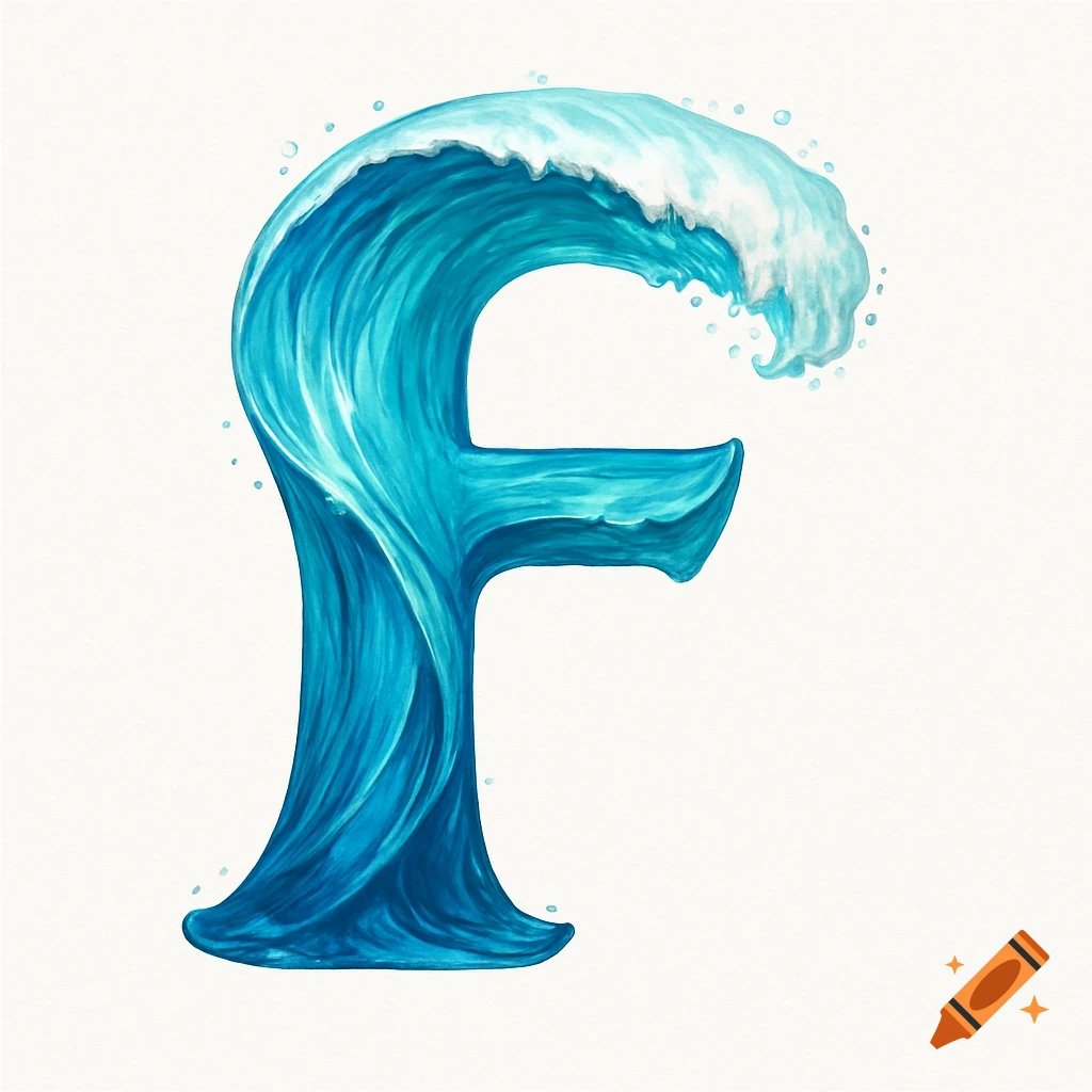 A stylized illustration of the letter 'F' formed by a blue ocean wave with white foam against a white background.