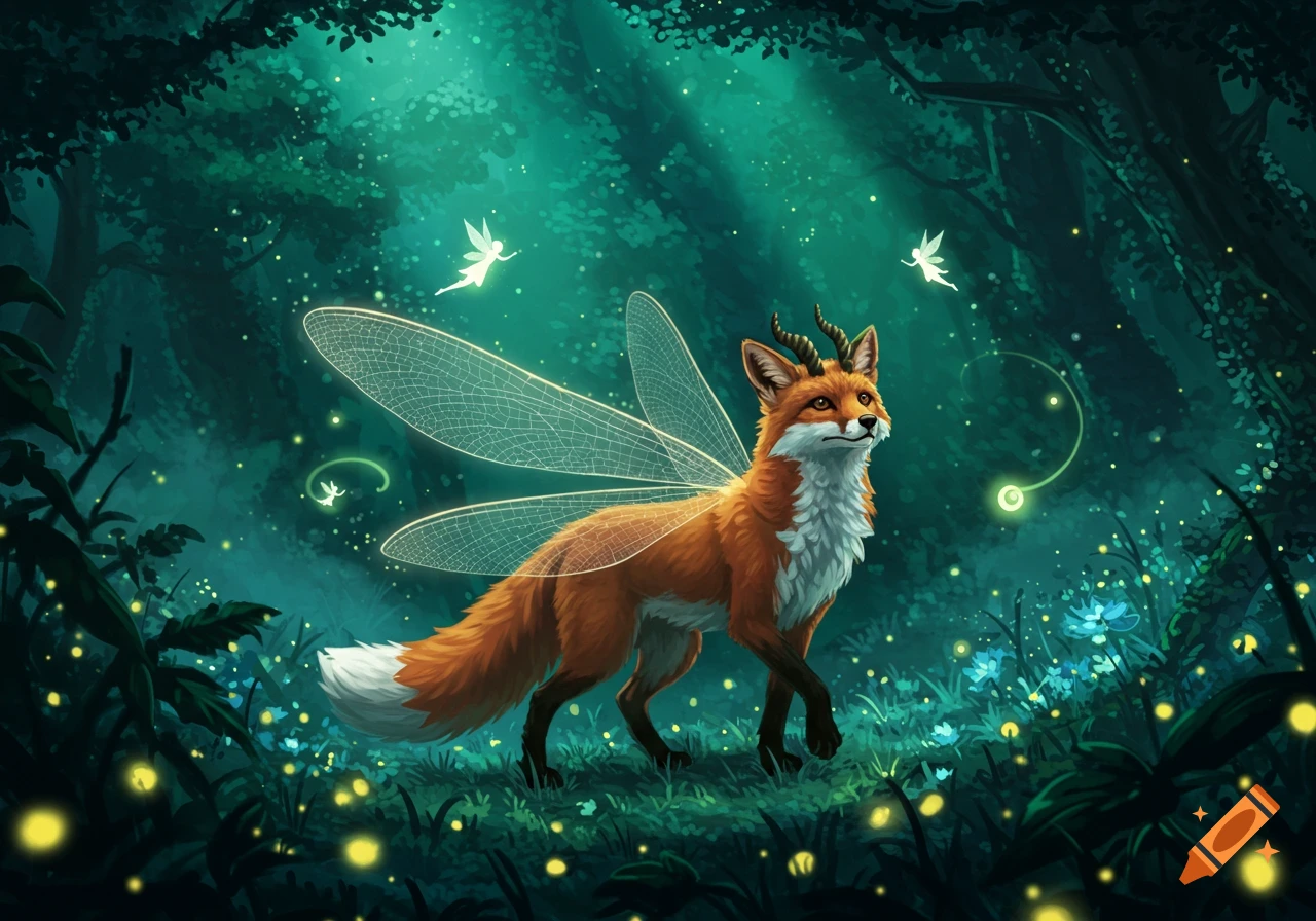 A magical fox with insect wings and small horns walks through an enchanted forest filled with glowing fireflies and fairies.