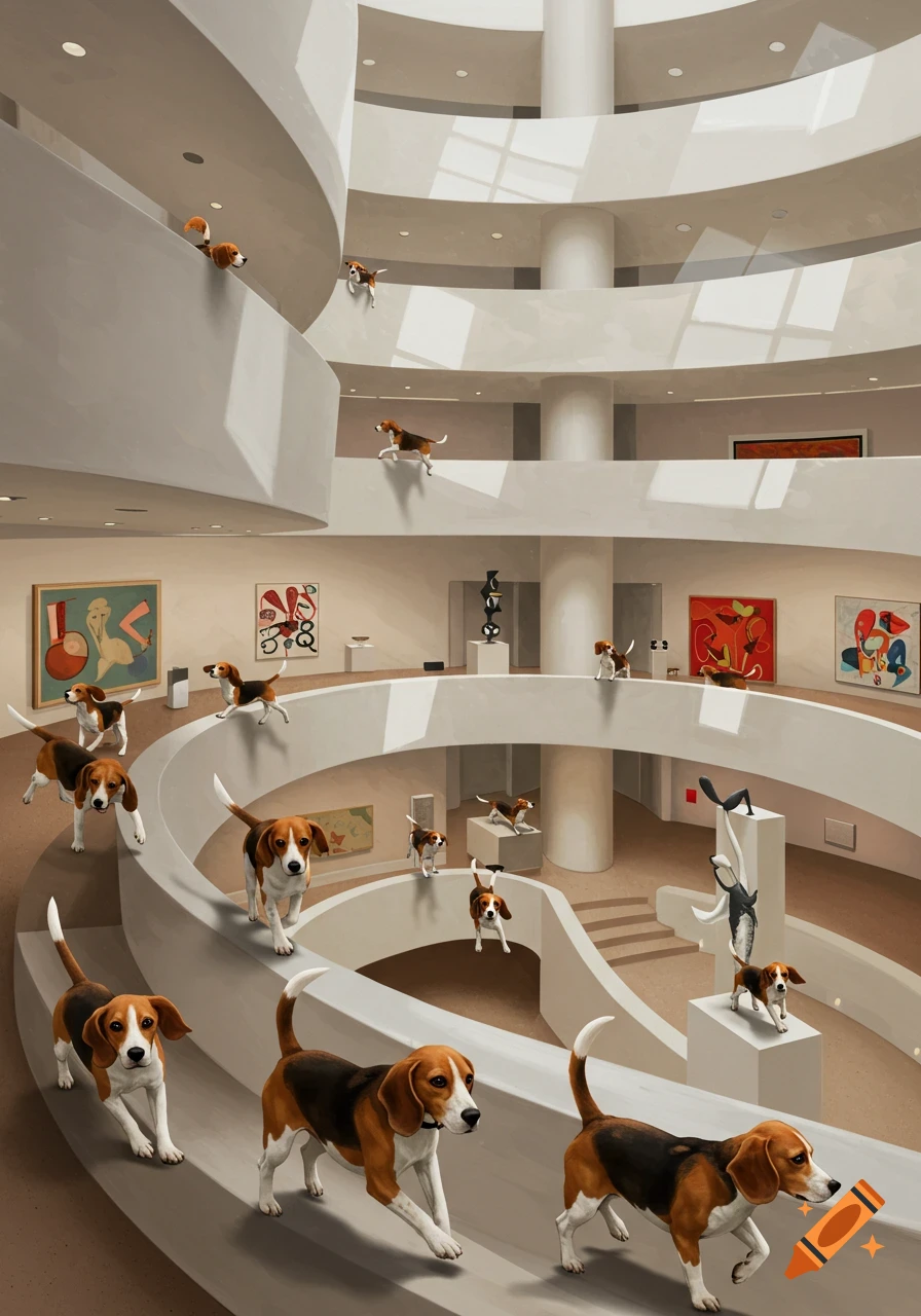 Many beagles running and walking along the spiral ramps inside the Guggenheim Museum, with various abstract art pieces displayed.
