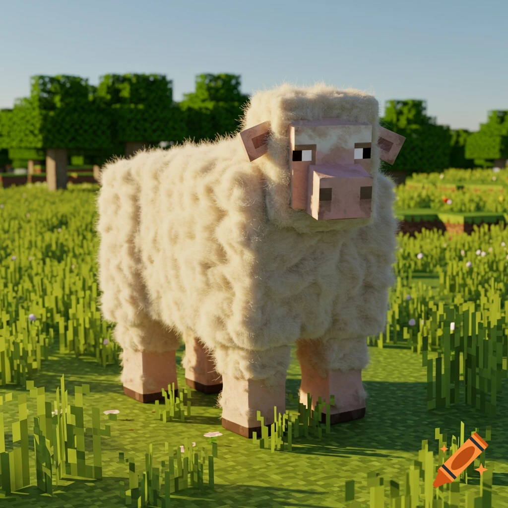 A fluffy, blocky Minecraft sheep with realistic wool texture stands in a blocky green field with trees under a blue sky.