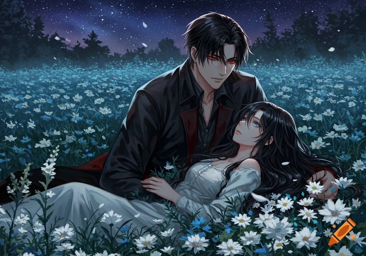 A black-haired man with red eyes gazes at a blue-eyed woman in a white dress, lying in a flower field under a starry night sky, anime style.