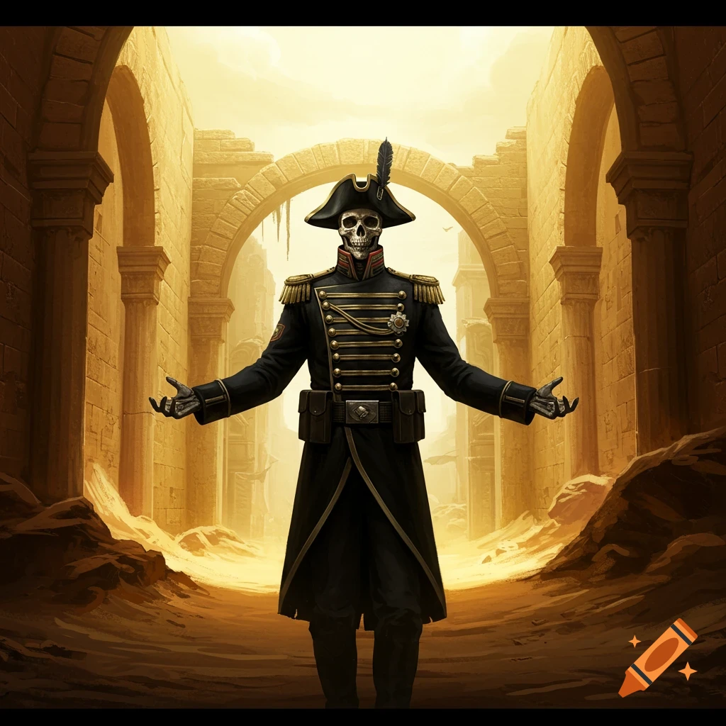 A skeleton in a black military general's uniform and bicorne hat stands with outstretched arms amidst golden desert ruins.