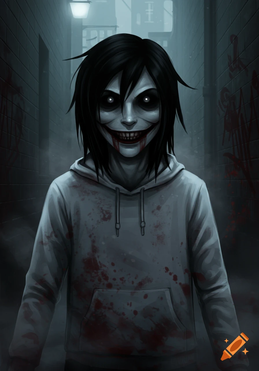 Illustration of Jeff the Killer with a wide carved smile, glowing eyes, and blood-stained white hoodie, standing in a dark alley.
