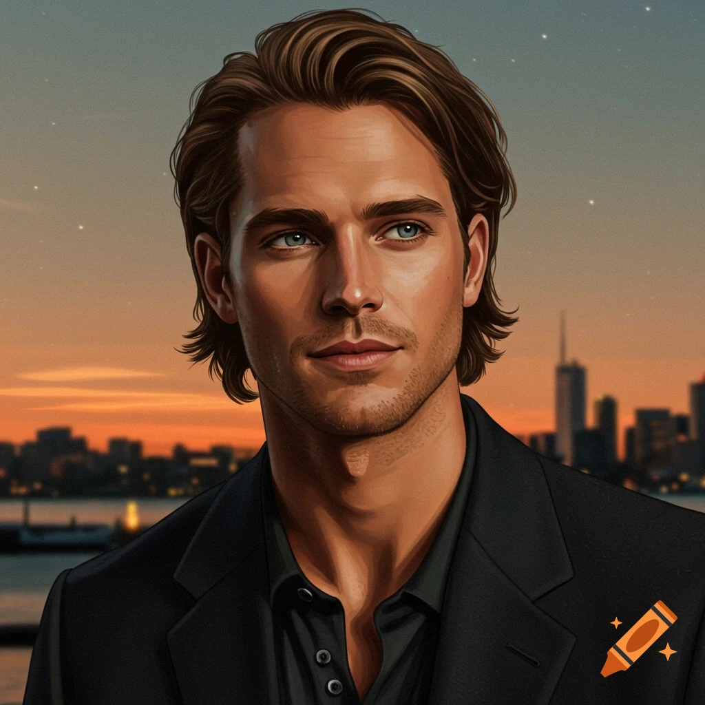 A photorealistic portrait of a handsome man with brown hair and blue eyes, looking to the side against a sunset cityscape.