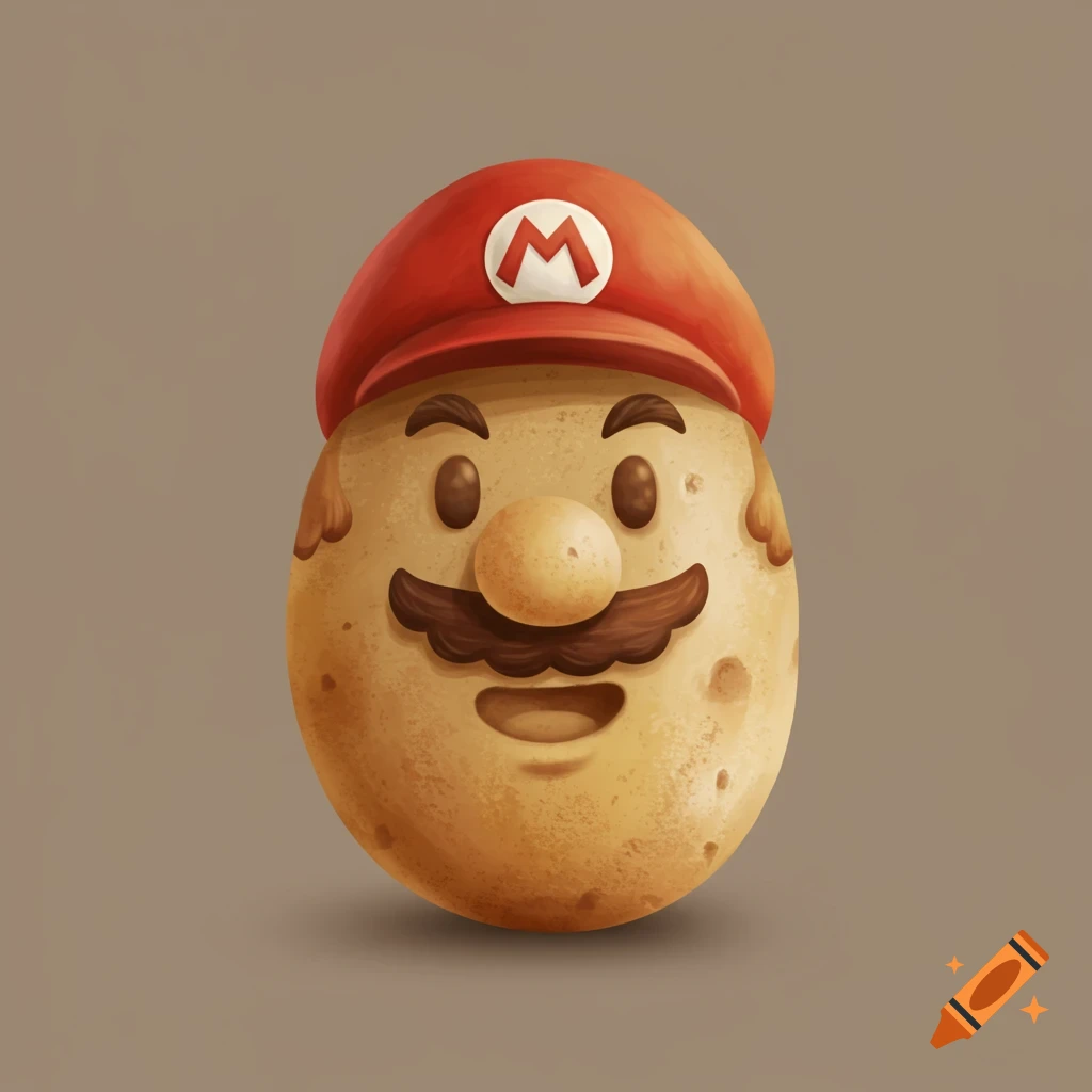 A minimalistic, smiling potato cartoon wearing a red Super Mario cap with an 'M' logo and a mustache.