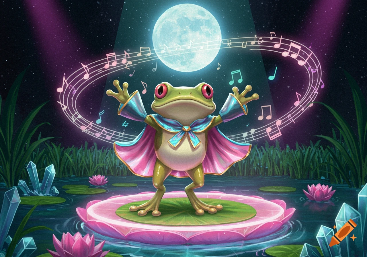 A magical green frog in a pink and blue cape sings under a bright full moon, surrounded by glowing musical notes in a swamp.