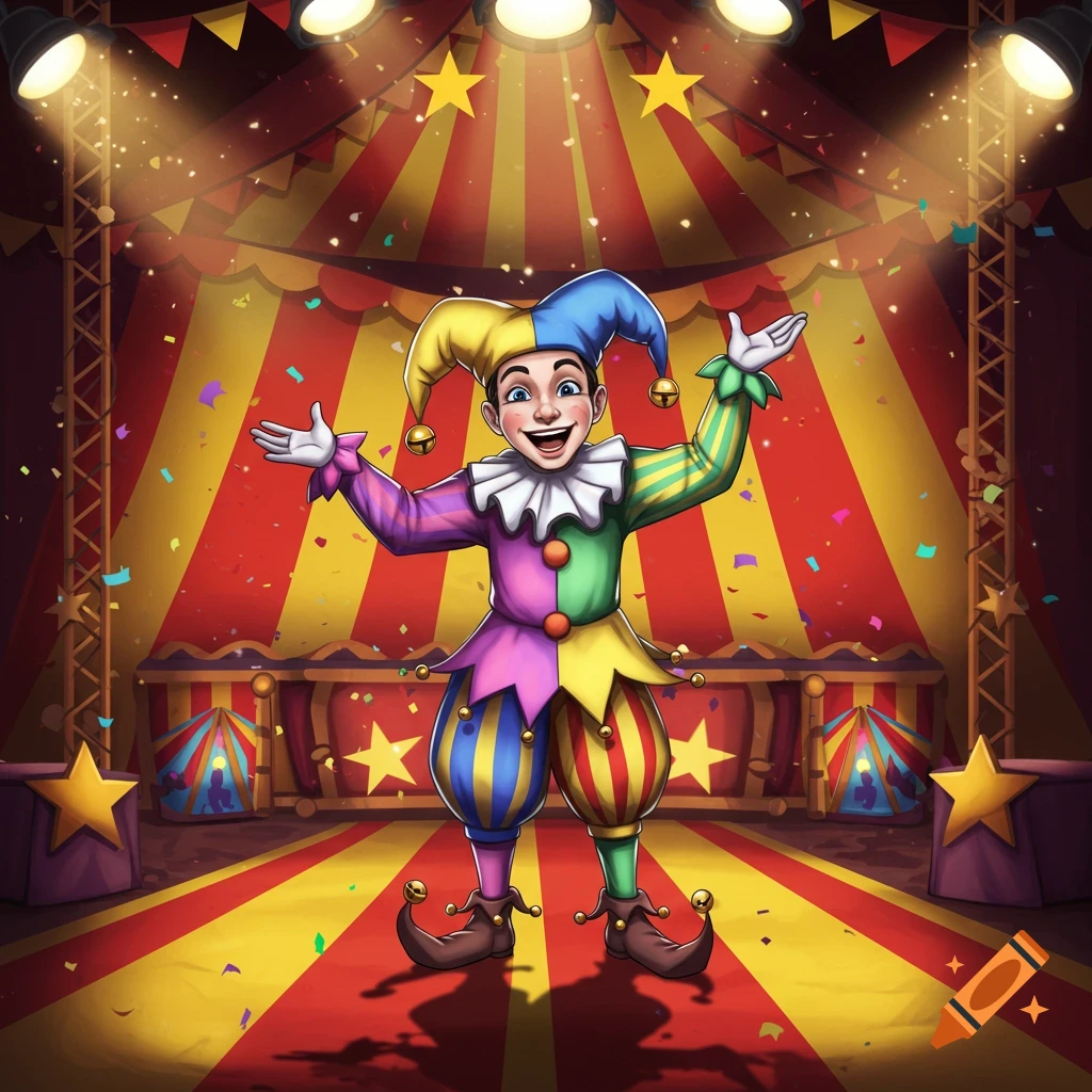 A cartoon jester in a colorful costume with bells stands in a red and yellow striped circus tent with confetti and spotlights.
