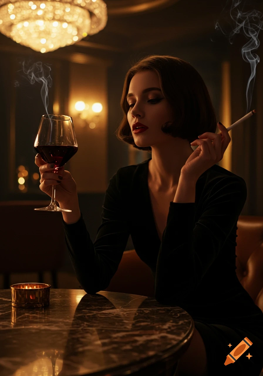 A woman with short dark hair in a black dress holds a glass of red wine and a smoking cigarette in a dimly lit bar.
