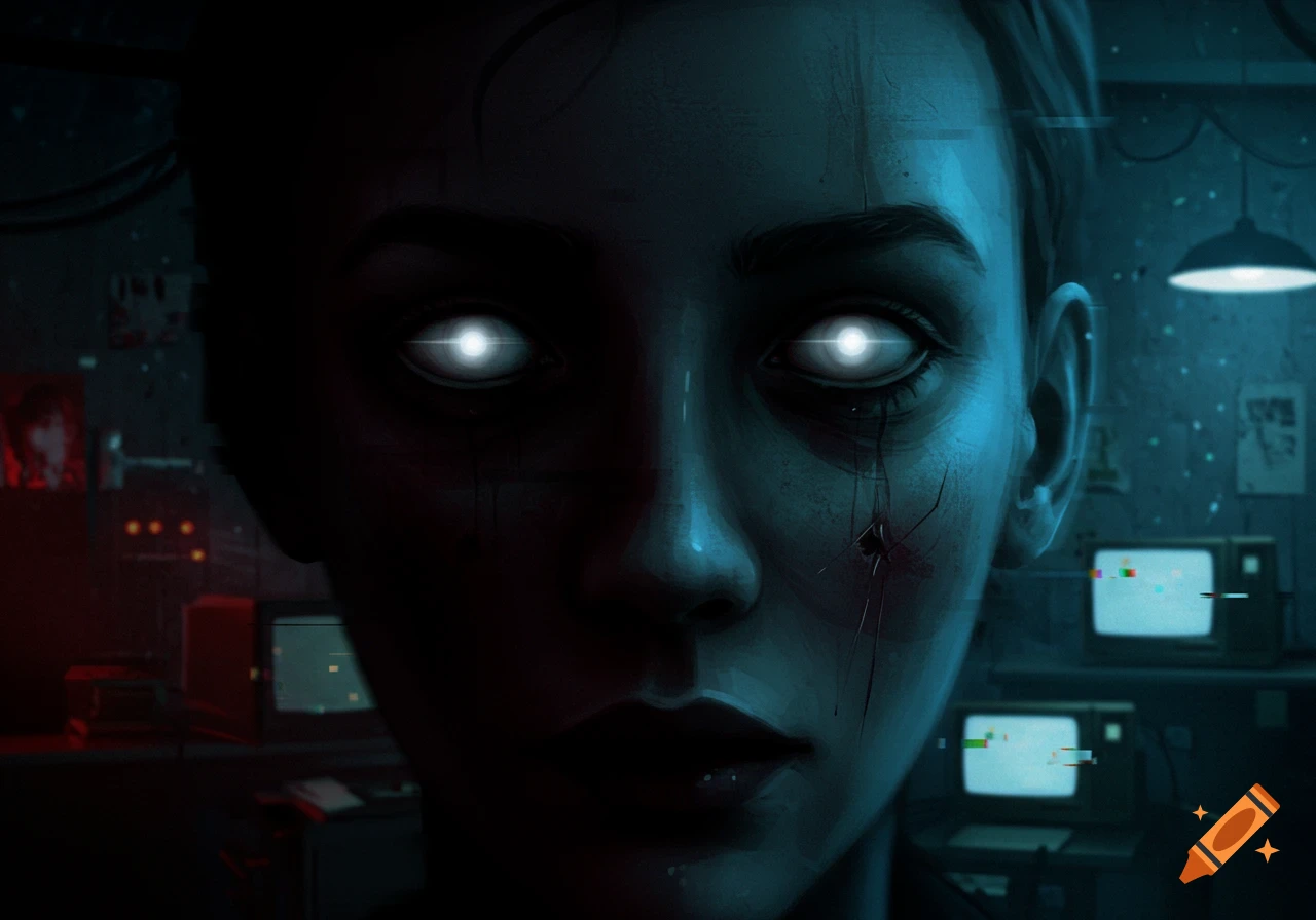 A dark digital art portrait of a person with glowing white eyes and cracked skin, with glitching computer monitors in the background.