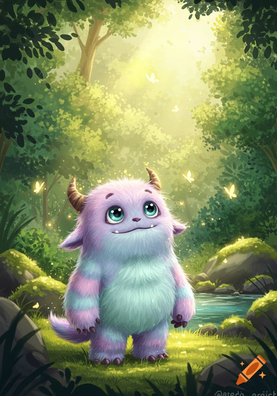 A fluffy purple and blue monster with big blue eyes and horns stands smiling in a sunlit, vibrant forest with glowing butterflies.