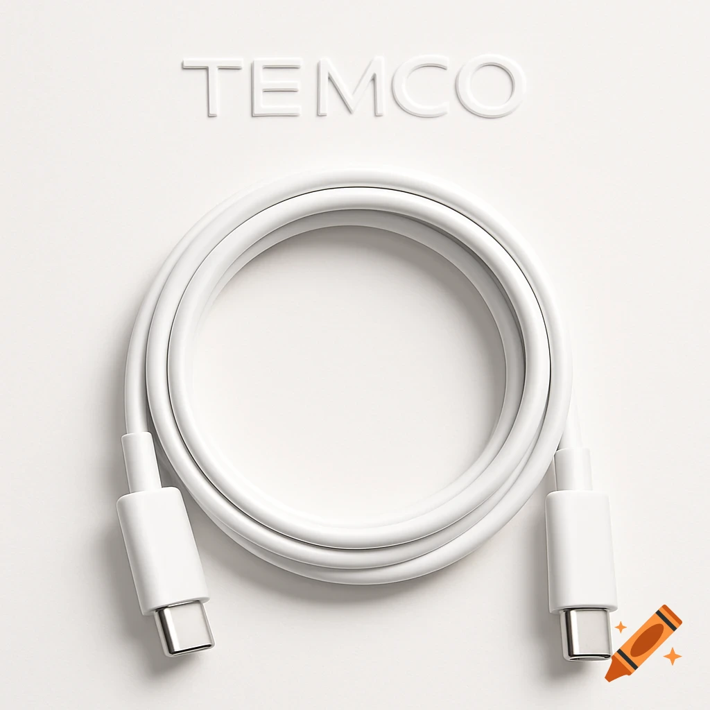 White USB-C cable coiled on a white background with the word 'TEMCO' embossed above it.