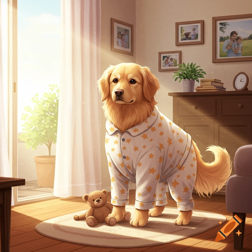 A Golden Retriever wearing star-patterned pajamas sits next to a teddy bear on a rug in a sunlit room.