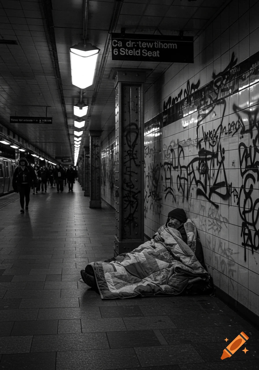 A black and white photorealistic image of a homeless man wrapped in a quilt sleeping on the floor of a graffiti-covered subway station.