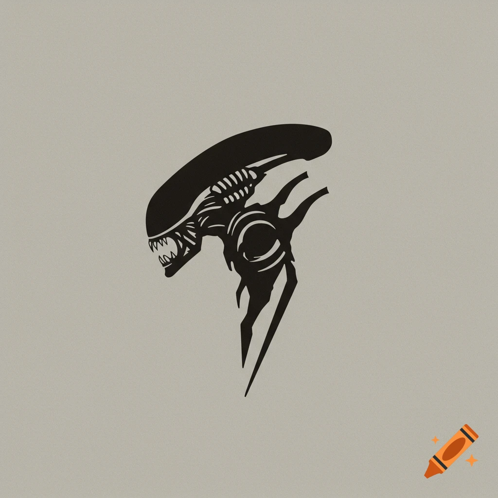 A black silhouette of a Xenomorph head in a stylized sigil form on a plain light gray background.