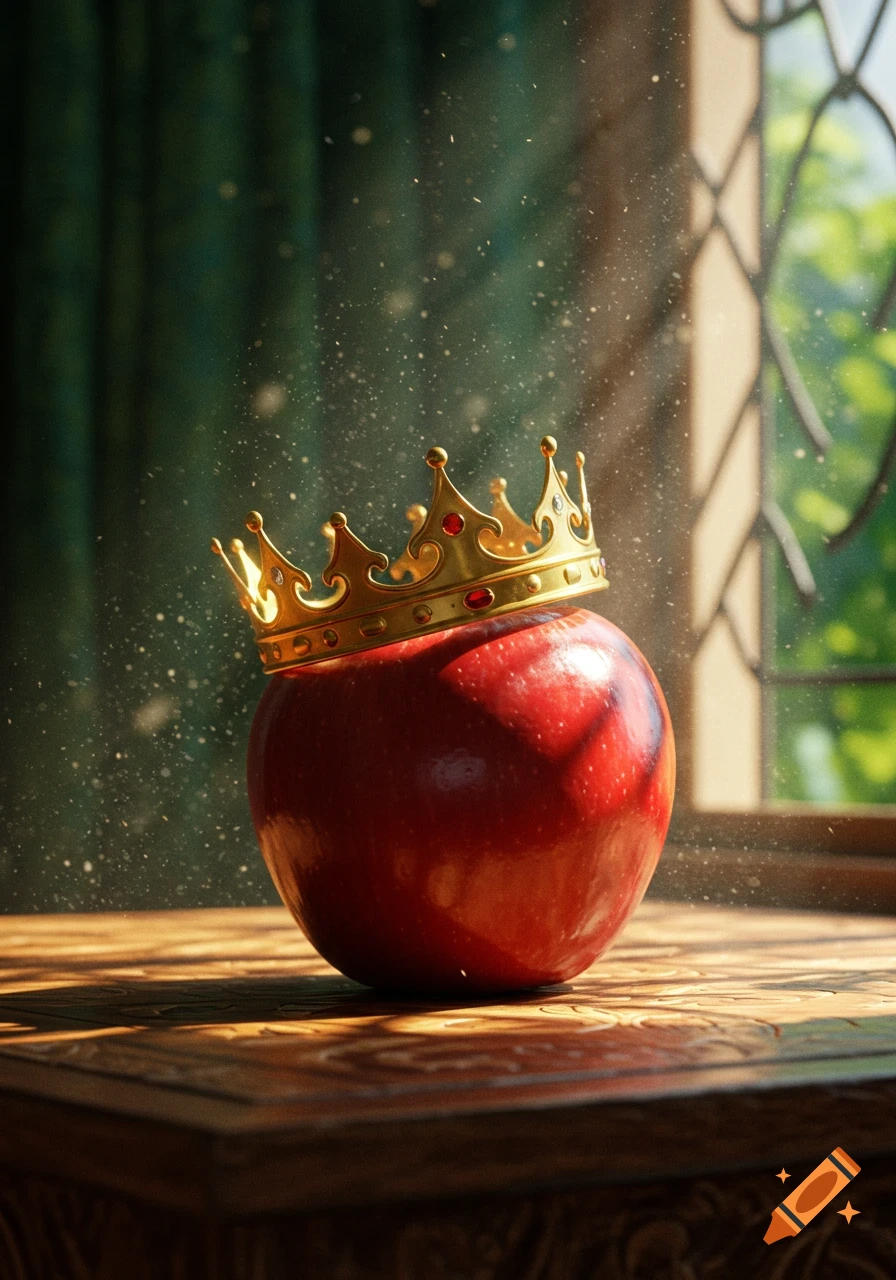 A red apple wears a golden crown on a carved wooden table, illuminated by sunlight through a window, in a photorealistic style.