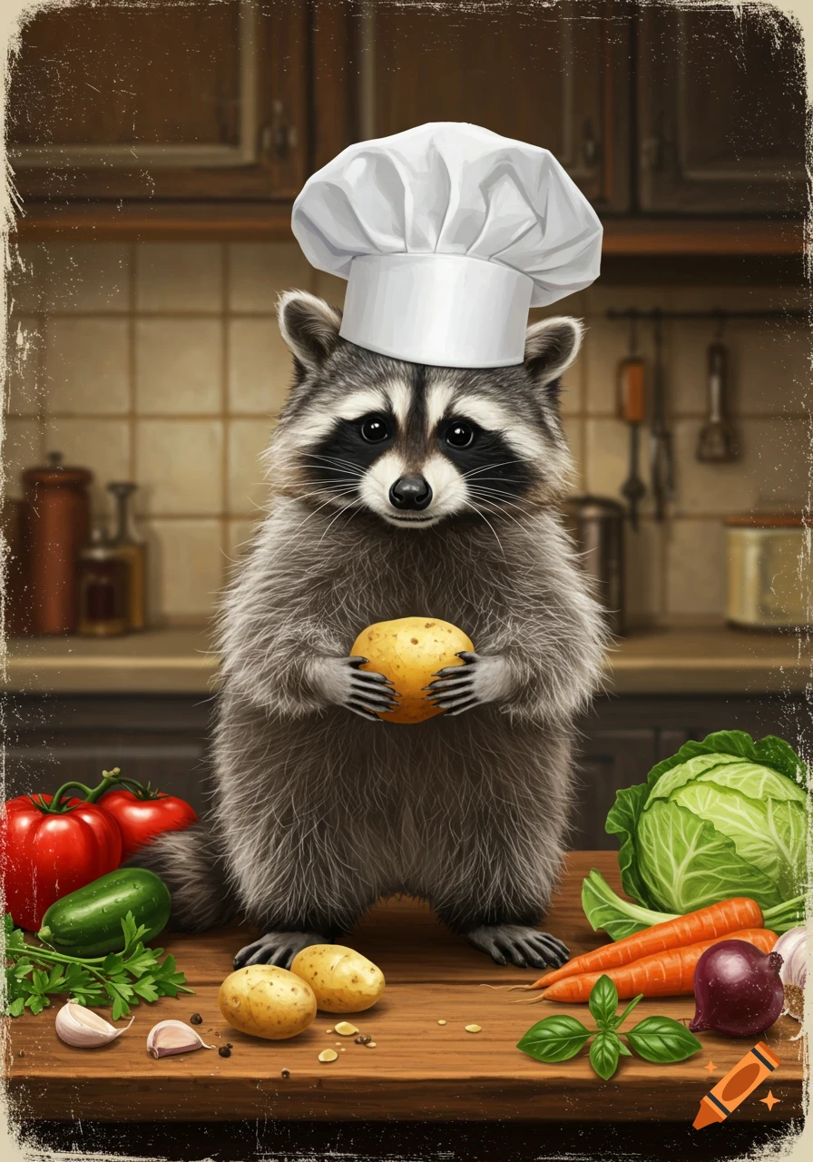 A fluffy raccoon wearing a white chef hat stands in a kitchen, holding a potato. Fresh vegetables are on the wooden counter.