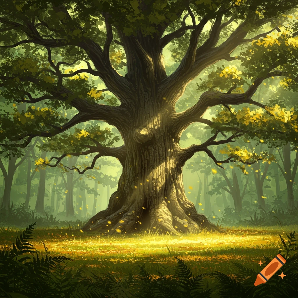 A majestic, ancient tree with sprawling branches and green-yellow leaves in a sunlit forest clearing, painterly style.
