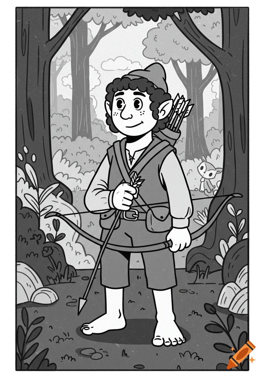 A black and white cartoon drawing of a harfoot hobbit ranger with a bow and quiver of arrows standing in a forest.