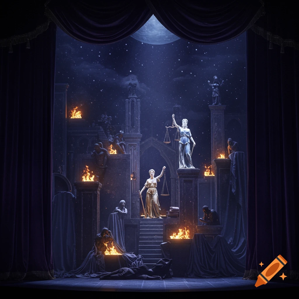 Dramatic stage with velvet curtains framing a gothic scene under a starry moonlit sky, featuring statues of Lady Justice and burning fires.