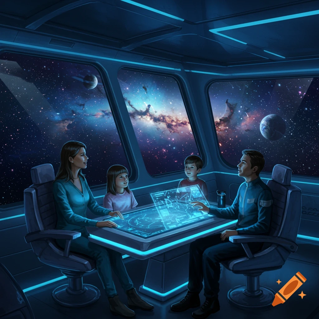 A family in a futuristic spaceship cockpit looking out large windows at a vibrant galaxy, nebulae, and planets, with a glowing holographic table.