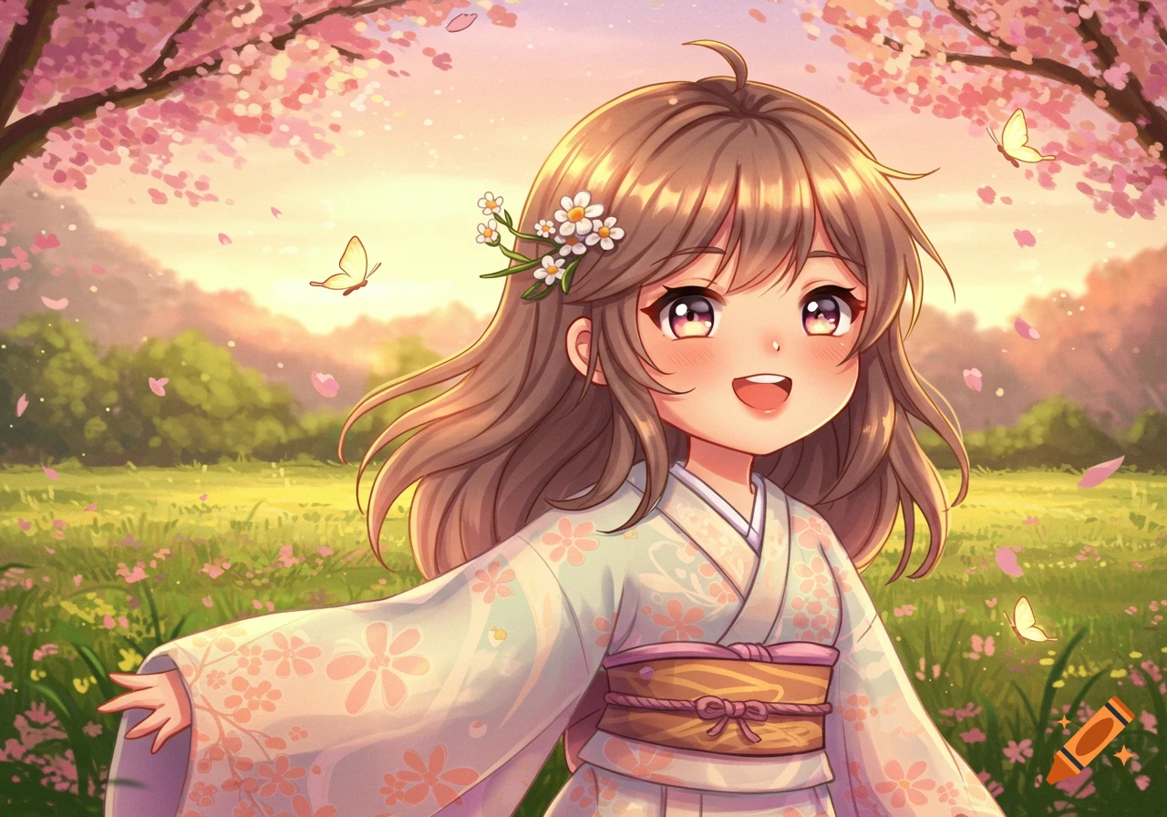 Cute anime girl smiling in a kimono in a cherry blossom field with butterflies, anime style.