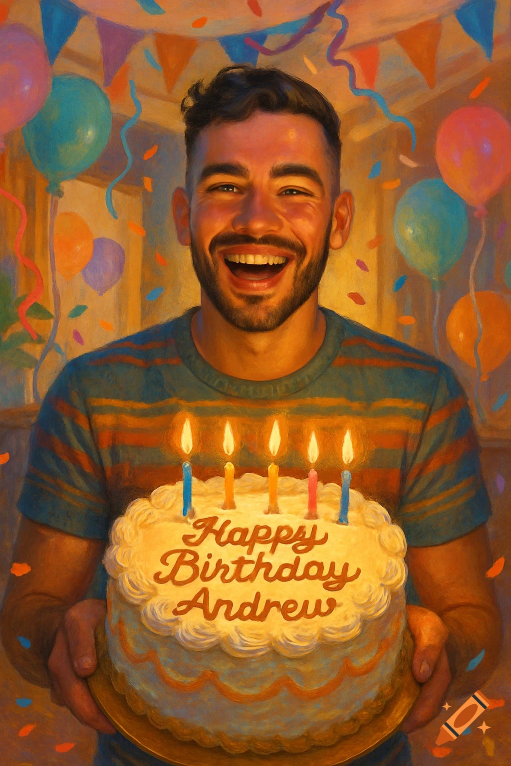 A broadly smiling man holds a birthday cake with "Happy Birthday Andrew" and lit candles in a painterly style, surrounded by party decorations.