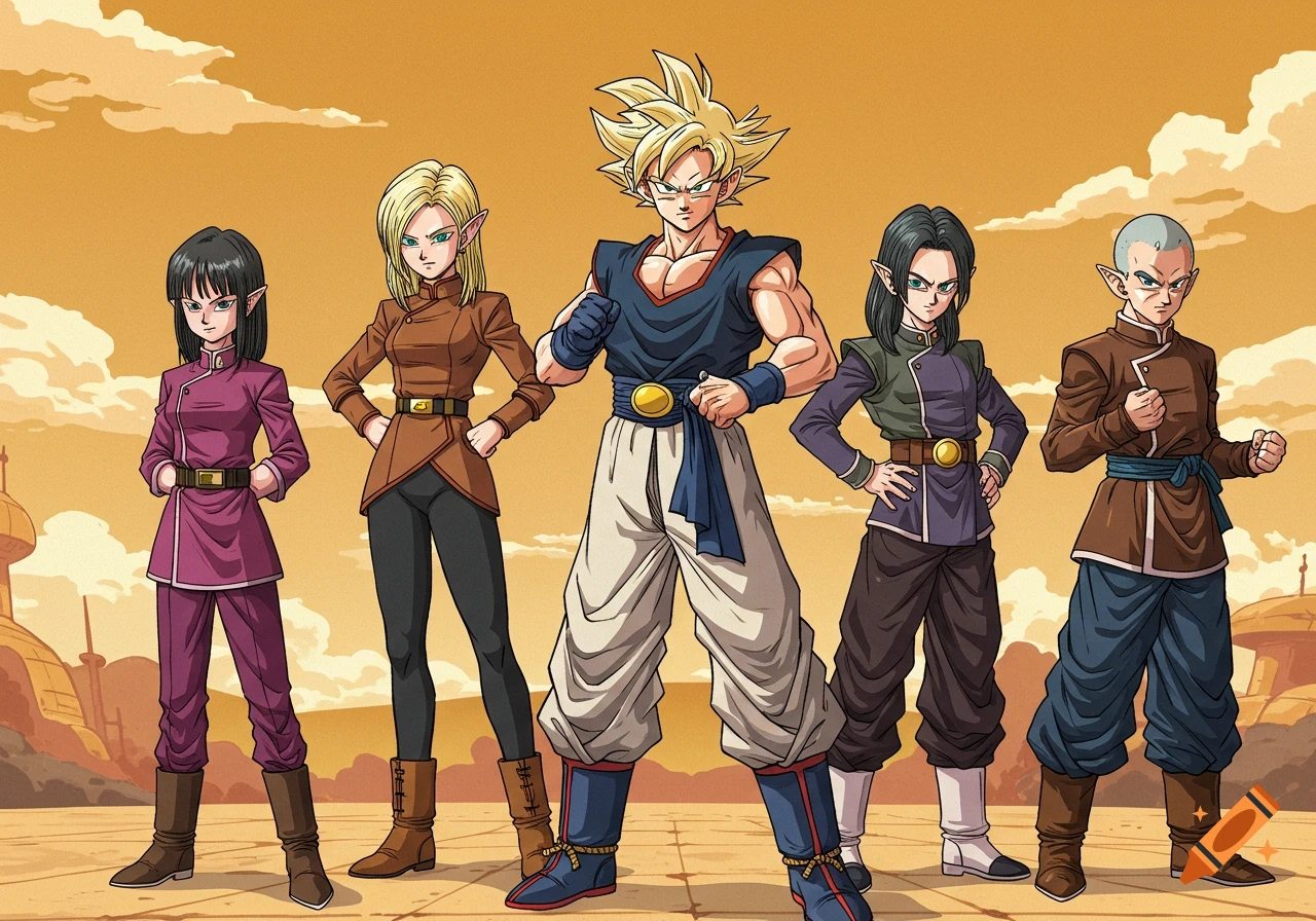 Five characters, including a Goku-like figure and two elf-eared women, stand confidently on an alien planet in Akira Toriyama anime style.