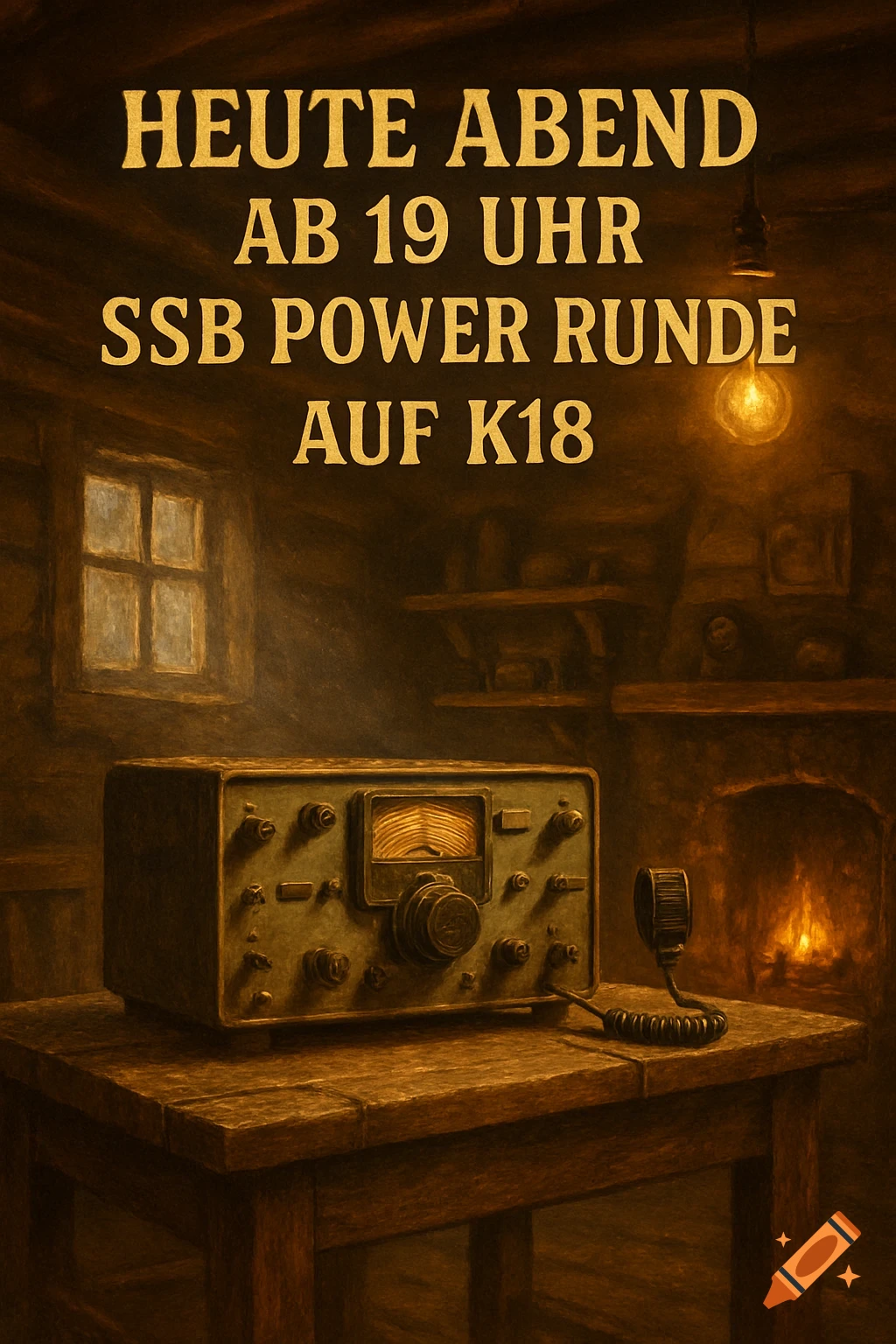 A vintage amateur radio and microphone on a wooden table in a rustic cabin with an announcement poster, painted in warm tones.