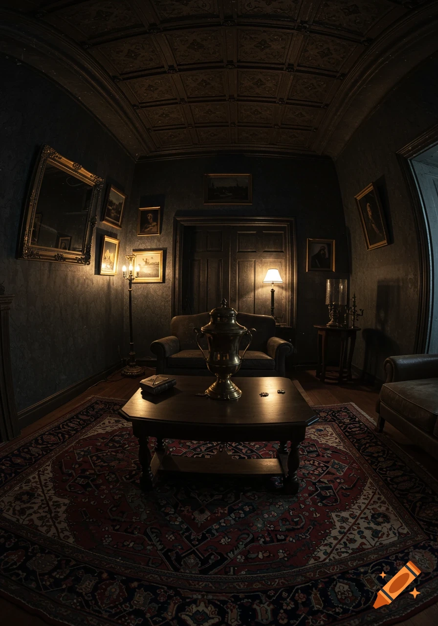 A dark, gothic living room viewed with a fisheye lens, featuring ornate furniture, a decorative urn on a coffee table, and framed artwork on the walls.