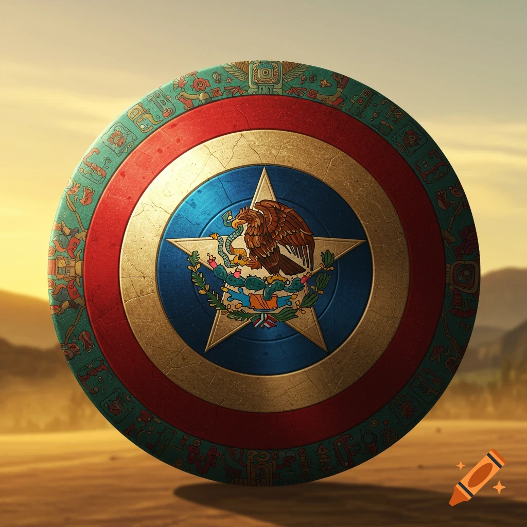 A Captain America shield adorned with the Mexican coat of arms (eagle, snake, nopal cactus) and Aztec/Mayan glyphs, set against a desert sunset.