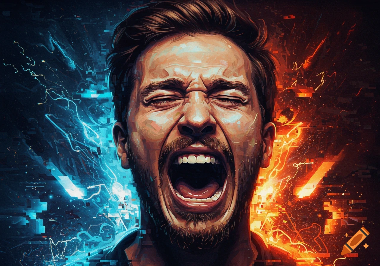 Stylized portrait of a man screaming, his face contorted in raw emotion, against a background of blue and orange digital glitch effects.