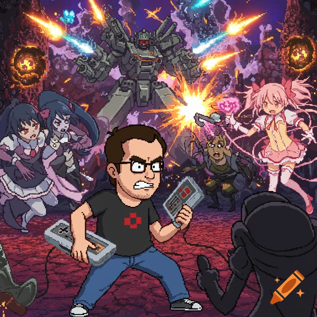 A pixel art battle scene featuring a man with glasses holding game controllers, anime characters, and a giant robot firing weapons.
